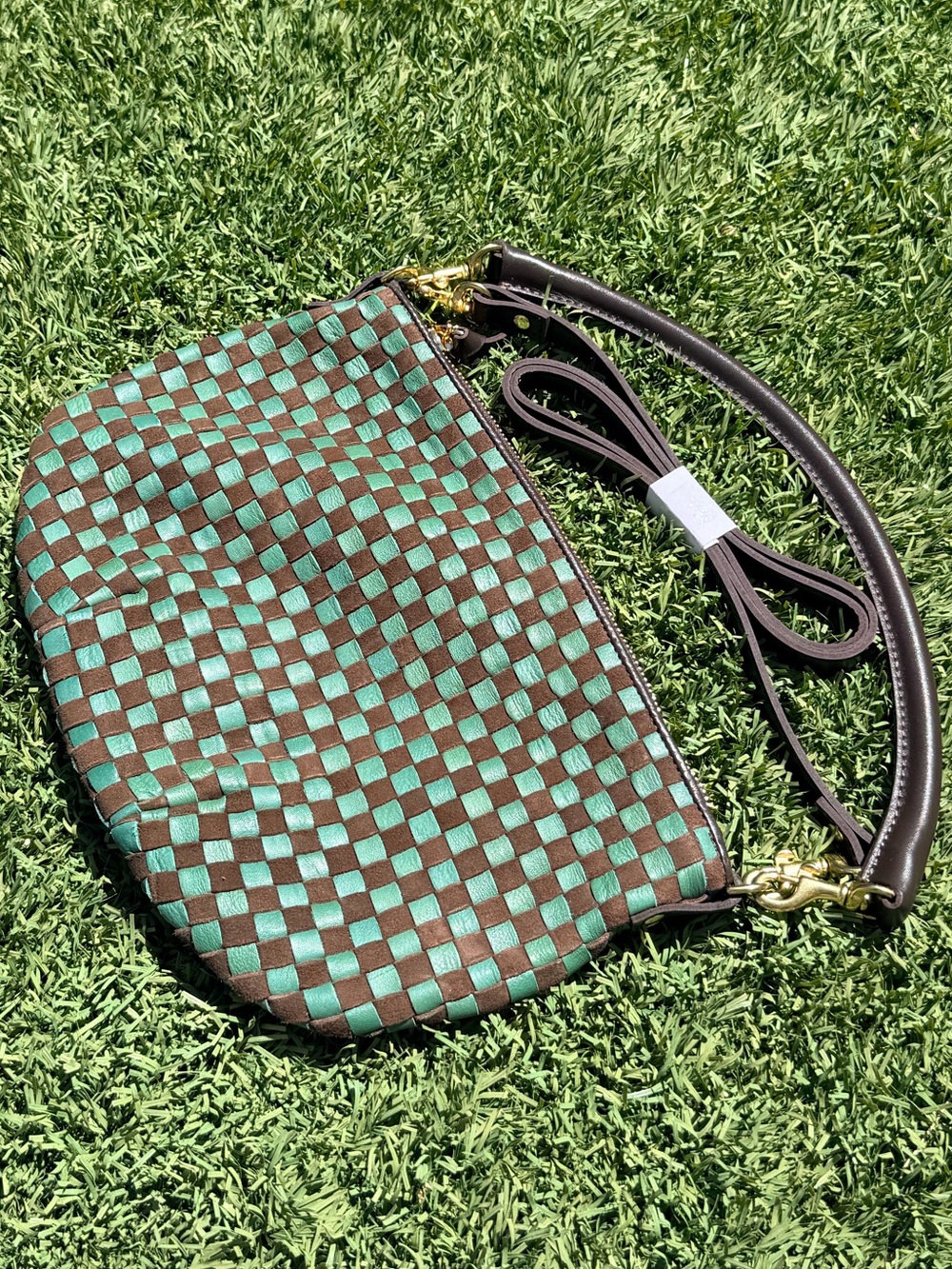 Rare Colours- Clare V. Petit Moyen Pine/Chocolate Woven Checker Crossbody Bag